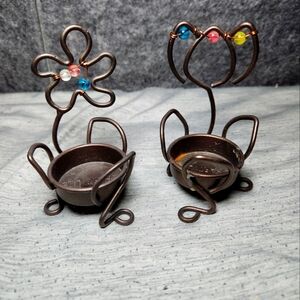 Partylite Beaded Flowers x2 Bronze Wire Tealight Holder Pair
